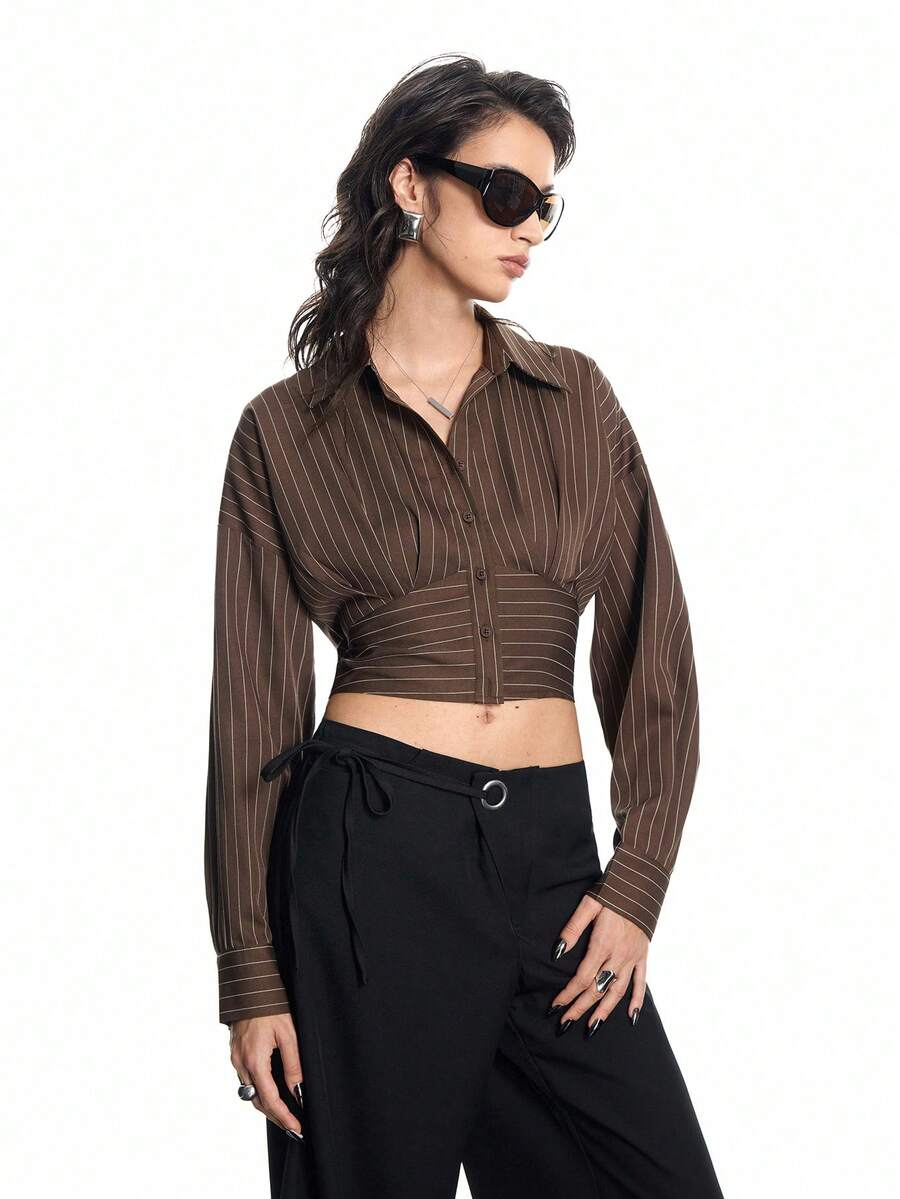 Airlisse Women's Spring/Summer New Ruched Pleated Brown Striped Elegant Fashionable Urban Chic Long Sleeve Blouse - Brown - View 1