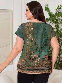 SHEIN Clasi 大码女式夏季休闲度假印花蝙蝠袖松紧腰上衣 - 綠色 - 查看 3