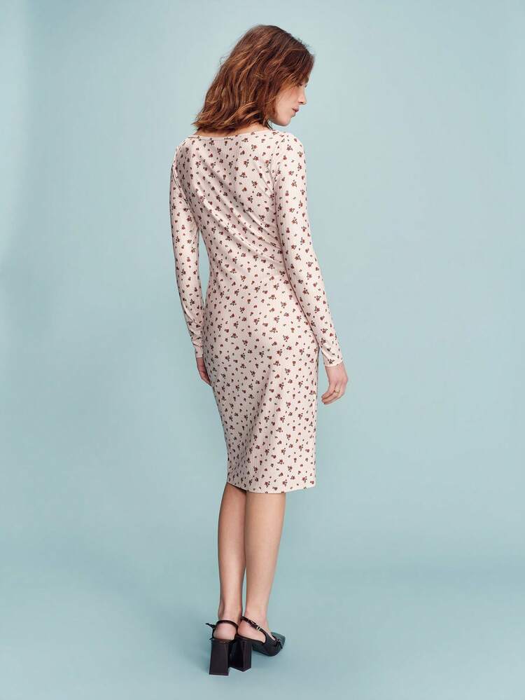 Vintage Style Floral Print Stretch Fitted Long Sleeve Midi Dress With Button Front Detail Cute Romantic Spring Summer French Style Parisian Style Floral Print Midi Dress Long Sleeve Dress Women's Midi Dress