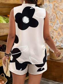 SHEIN LUNE 2pcs Plus Size Casual Vacation Style Contrast Color Print Sleeveless Top And Shorts Set - Apricot - View 2