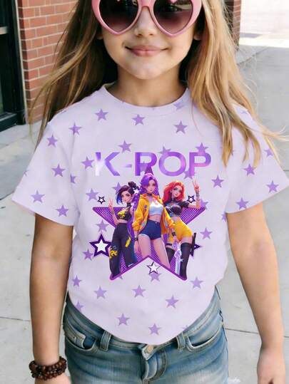 Koszulka dla młodej dziewczyny, swobodna, modna, kreatywna, spersonalizowana, orzeźwiająca, słodka, prosta i fajna, wirtualna grupa dziewcząt, kolorowa, w kratkę, fioletowa, z nadrukiem w gwiazdki i literami, luźna, podstawowa, krótka, wygodna, do noszenia na co dzień, odpowiednia na wiosnę, lato i jesień