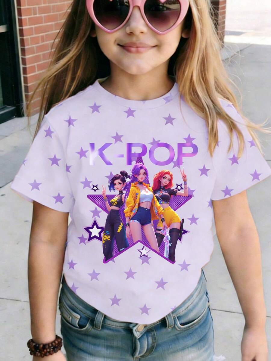 Camiseta corta básica y relajada con estampado de letras, gráficos de estrellas y cuadros coloridos, diseño fresco y sencillo, ideal para niñas jóvenes, uso diario cómodo, apropiada para primavera, verano y otoño - Multicolor - Ver 1