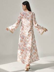 Al Najma 女士花卉印花钩编拼接长袖连衣裙，优雅端庄的A字型卡夫坦长袍，适合晚宴/婚礼宾客/周年纪念/日常穿着 - 彩色 - 查看 2