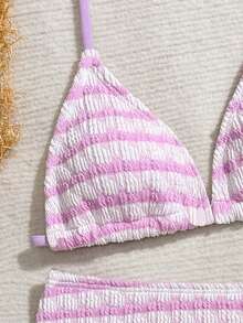 SHEIN Tween Girls Bikini Set Sweet And Spicy Vacation Style Purple And White Contrast Stripe Printed Folded Texture Fabric Hanging Neck Two Piece Set Bikini Swimsuit - Purple - View 3