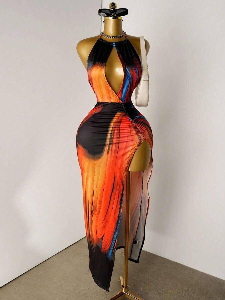 Mistrie 性感露背高开衩系带裹身连衣裙