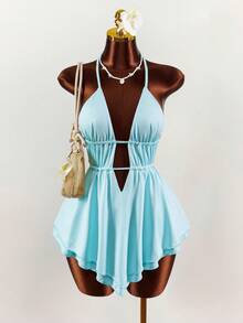 Amplova Đầm ngắn gợi cảm cổ yếm hở lưng khoét eo dành cho nữ, thích hợp cho kỳ nghỉ xuân, phần ngực xếp ly ôm sát vòng một, trang phục đi nghỉ mát, trang phục dự tiệc cho nữ. - Màu xanh nhạt - Xem 11