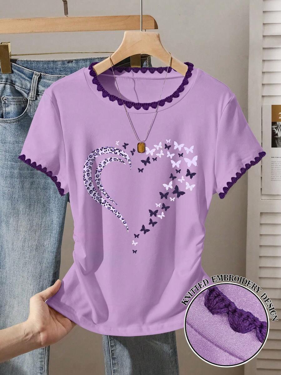 EMERY ROSE Purple,Summer,Casual,Cute,City Break Slim Fit Waist Crop Top,Graphic Leopard,Butterfly & Heart Print Tee,Dog Tooth & Shell Embroidery Trim,Dates,Daily - Purple - View 1