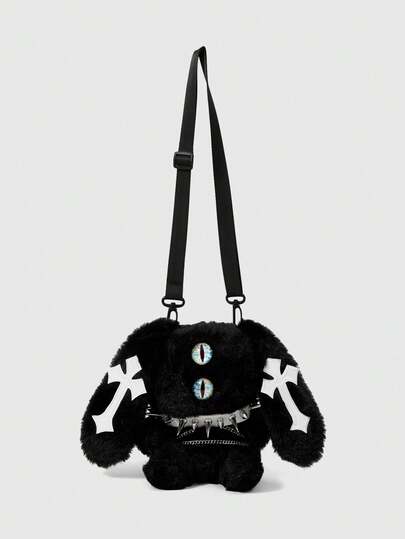 ROMWE Goth 1 st mörk punk-stil plyschkanin axelväska med personlig kors- och nitdekoration, söt dockväska med vitt öga