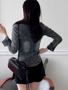 DAZY Women's Long Sleeve Single-Breasted Casual Pocket Denim Jacket - Blue - View 2