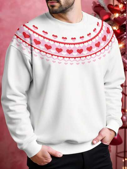 Manfinity Homme Men's White Pink Heart Love Fair Isle Nordic Yoke Print Sweatshirt | Valentine's Day Romantic Sweet Gradient Pattern Crew Neck Long Sleeve Pullover Top | Y2K Vintage Streetwear Cute Couple Winter Fall Holiday Sweater | Urban Casual Classic Knit Look Loose Fit Daily Wear | Soft Breathable Premium Outdoor Outerwear,Men's Casual Heart Print Round Neck Drop Shoulder Pullover Sweatshirt, Autumn