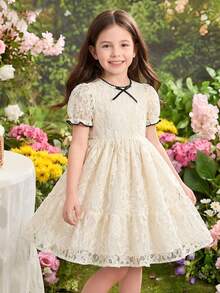 1pc Girls Summer New Collared Lace Trim Front Bow Tie Waist Elastic Lace Fabric Elegant Versatile Casual Dress, Suitable For Daily, Commute, Vacation, Birthday Floral Pattern Lace Dress Toddler Girl Cream Dress Ivory Kids Dress Young Girl Lace Dress Cream Dresses For Girls - Apricot - View 1