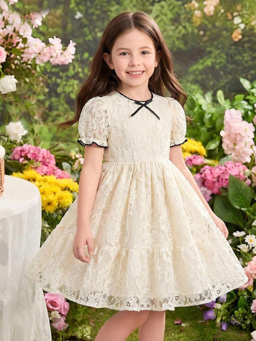 1pc Girls Summer New Collared Lace Trim Front Bow Tie Waist Elastic Lace Fabric Elegant Versatile Casual Dress, Suitable For Daily, Commute, Vacation, Birthday Floral Pattern Lace Dress Toddler Girl Cream Dress Ivory Kids Dress Young Girl Lace Dress Cream Dresses For Girls - Apricot - View 1