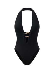 SHEIN LUNE 女士性感V领露背吊带连体衣 - 黑色 - 查看 3