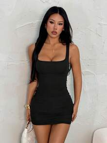 SHEIN PETITE Đầm nữ không tay xếp ly cổ vuông màu trơn, đầm hè cho nữ - màu đen - Xem 4