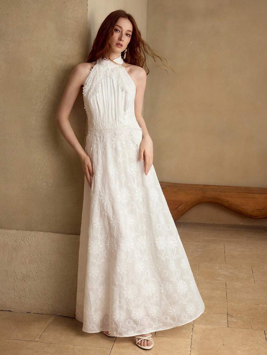 MOTF PREMIUM 优雅蕾丝刺绣连衣裙，春夏款 - 白色 - 查看 1