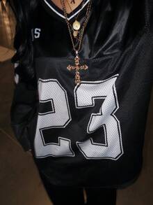 AfricaSnchz 青少年女孩时尚街头服饰拼色印花宽松长袖运动衫 - 黑色 - 查看 3