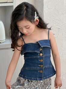 DAZY Girls' Denim Patchwork Strap Vest - Blue - View 5
