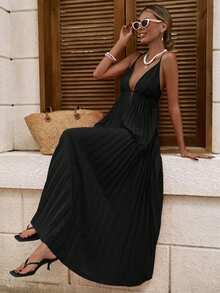 Travachic 女士深V领A字褶皱度假吊带连衣裙 - 黑色 - 查看 4