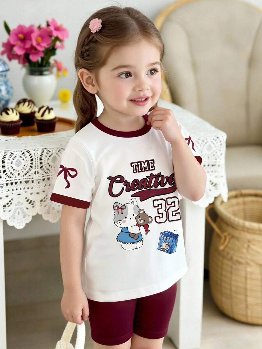 两件套女婴套装，可爱时尚的字母数字印花圆领短袖T恤搭配酒红色短裤，适合春夏日常穿着。 - 彩色 - 查看 1