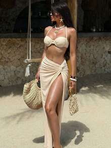 Swim SXY 女士度假沙滩比基尼泳衣罩衫及半身裙套装 - 米色 - 查看 1