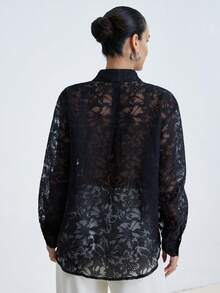 Aveloria Modichic Áo kiểu dài tay cổ bẻ bằng vải chiffon mỏng nhẹ, tối giản, dễ phối đồ, màu đen trắng chấm bi, dành cho nữ. - màu đen - Xem 2