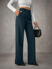 EURMUSE Women's Solid Pleated Seam Detailed Suit Pants - Dark Green - View 7