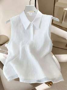 GlowEve Women's Fashionable Casual Elegant Sleeveless Shirt With Collar, Fabric Patchwork, Spring/Summer - White - View 1