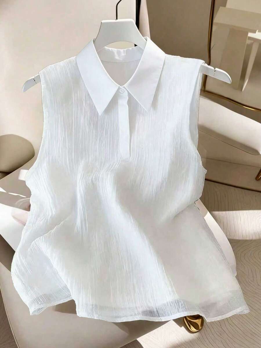 GlowEve Women's Fashionable Casual Elegant Sleeveless Shirt With Collar, Fabric Patchwork, Spring/Summer - White - View 1