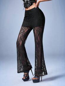 Y2Kool BiGraphic 情人节女士黑色优雅休闲高腰喇叭蕾丝针织裤，千禧年派对，黑色拼接，秋冬款 - 黑色 - 查看 5