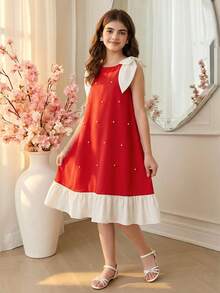 Đầm dự tiệc không tay màu đỏ phối bèo nhún, nơ và đính cườm, thanh lịch dành cho bé gái. - Nhiều màu - Xem 4