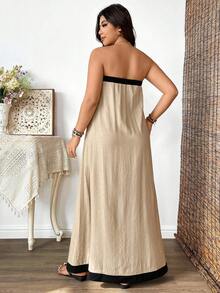 Elenzga Plus Size Faux Linen Texture Colorblock Sleeveless Open Front Wood Button Decor Maxi Dress, Elegant For Outing, Date, Party, Vacation - Khaki - View 2