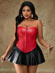 Truni Plus Size Solid Center Front Button Decoration PU Leather Black Tube Top, For Pear & Triangle Body Shape - Red - View 4