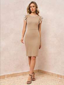 SHEIN Clasi Đầm nữ cổ tròn ôm sát, viền tương phản, tay loe. - Màu Khaki - Xem 5