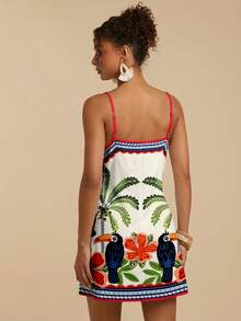 Travachic Đầm hai dây mini nữ phong cách tối giản, buộc dây, họa tiết cây dừa nhiệt đới và vẹt, kiểu bohemian, phối màu retro, thích hợp cho các buổi đi chơi, đi biển, du lịch, thanh lịch. - trắng - Xem 3