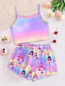 SHEIN 2件套少女时尚彩色韩流卡通人物渐变印花吊带背心和短裤睡衣套装，适合夏季穿着 - 彩色 - 查看 2