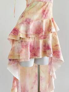 Sweetra 女士扎染面料性感简约浪漫不对称荷叶边下摆短前长后夏季度假连衣裙 - 粉色 - 查看 5