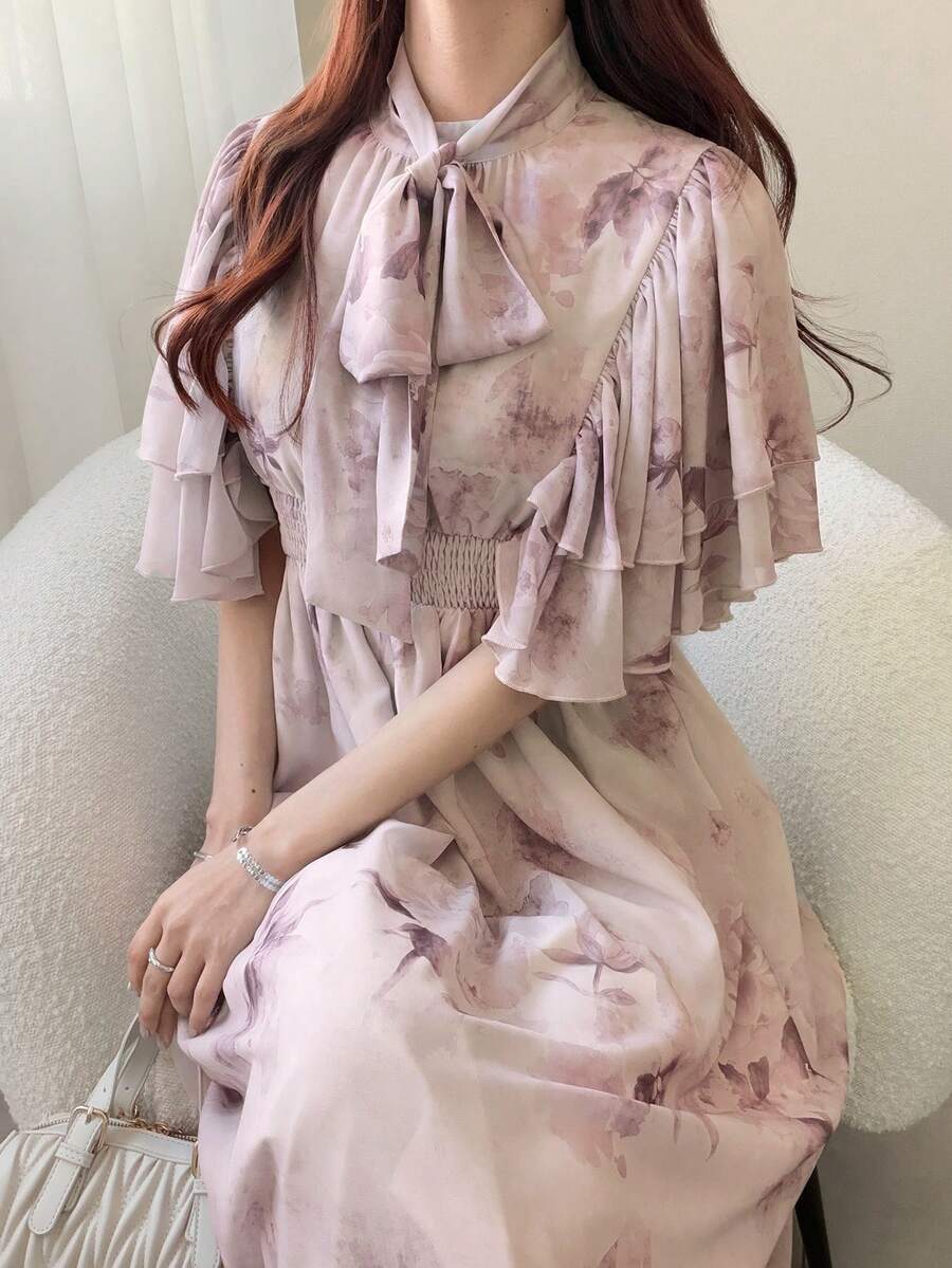 FRIFUL Women's Elegant Commuter Floral Print Ruffle Hem Dress