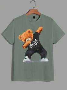 EURMUSE Men's Casual Simple Bear Graphic Short Sleeve T-Shirt - Mint Blue - View 1