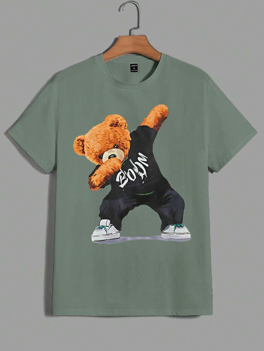 EURMUSE Men's Casual Simple Bear Graphic Short Sleeve T-Shirt - Mint Blue - View 1