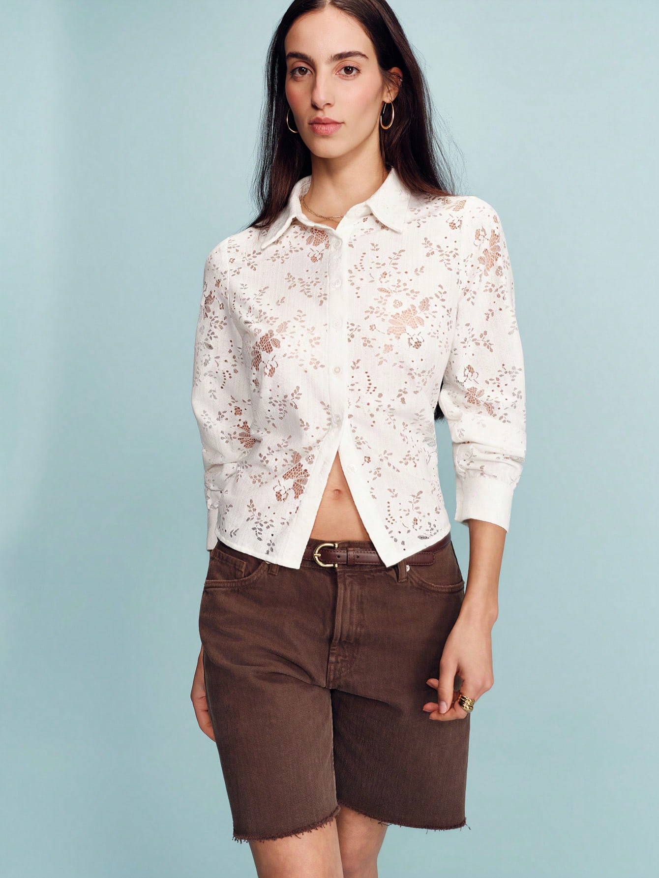 Romantic White Floral Button Front Shirt With Classic Collar Long Sleeves In Delicate Floral Lace Fabric Feminine Spring Summer Blouse French Style Parisian Style