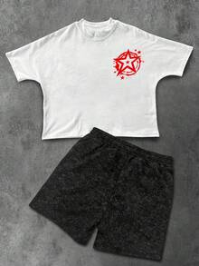 Manfinity Roghcode 男士休闲街头风字母人像图案圆领短袖T恤短裤套装，夏季 - 彩色 - 查看 3