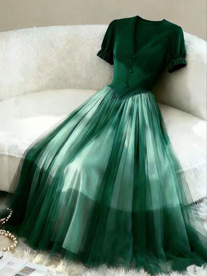 GlowEve Women's Green 4-Way Stretch Mesh Patchwork V-Neck High-Design Waistline Elastic Waist Slimming Short Puff Sleeve Mesh Patchwork Dress, Elegant & Sophisticated For Valentine's Day, Easter, May Day, Birthday, Date, Party, Formal Occasions, Teacher's Outfit, Travel, Spring/Summer