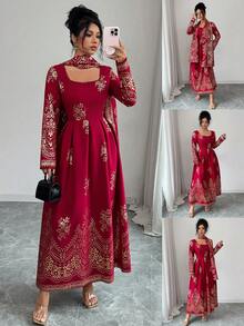 Elenzga 女士优雅时尚通勤休闲舒适迷人复古简约高端浪漫假日长袖方领收腰A字褶裥下摆围巾装饰设计烫金印花连衣裙（随机印花） - 紅色 - 查看 3