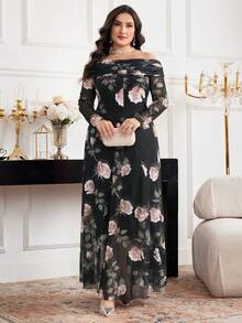 Modelyn Plus Size Elegant Floral Print Off-Shoulder Dress - Black - View 5