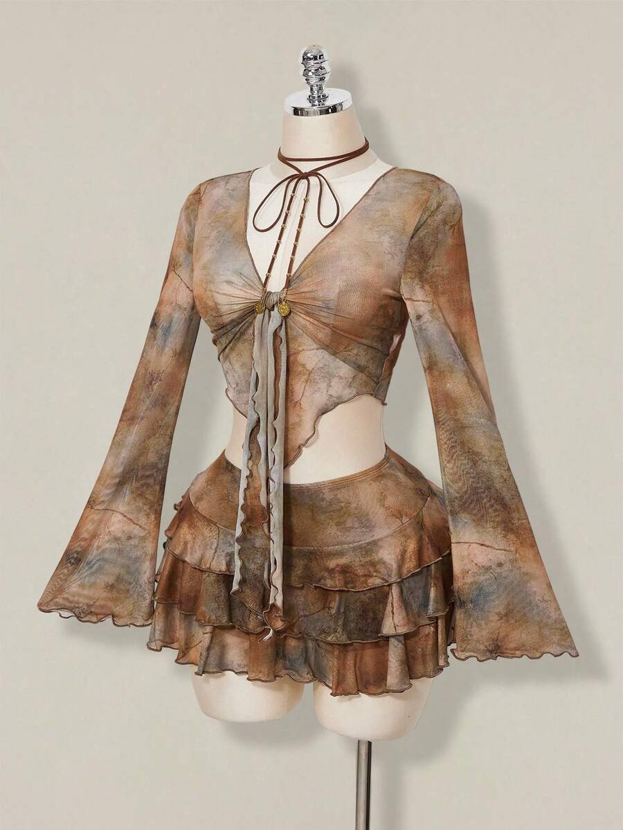 SHEIN ICON 复古做旧印花开衫网纱上衣和层叠下摆半裙两件套女装 - 卡其色 - 查看 1