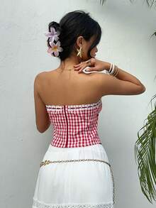 Aloruh Áo không tay mới cho nữ, kiểu dáng corset ống màu đỏ trắng kẻ caro với viền ren và nơ trang trí, phong cách Y2K, thích hợp cho mùa xuân/hè, đi biển, nghỉ lễ, hè, đi chơi. - Đỏ và trắng - Xem 3