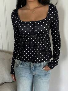 CovetEZ Women's Casual Polka Dot Ruffle Trim Square Neck Long Sleeve T-Shirt Cute Long Sleeve Top Peplum Top Women Sexy Blouse For Women Square Neck Blouse Pokadot Top - Black - View 3