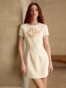 MOTF PREMIUM SPRING/SUMMER FLORAL APPLIQUES WAIST CINCHED SHORT DRESS - Apricot - View 7