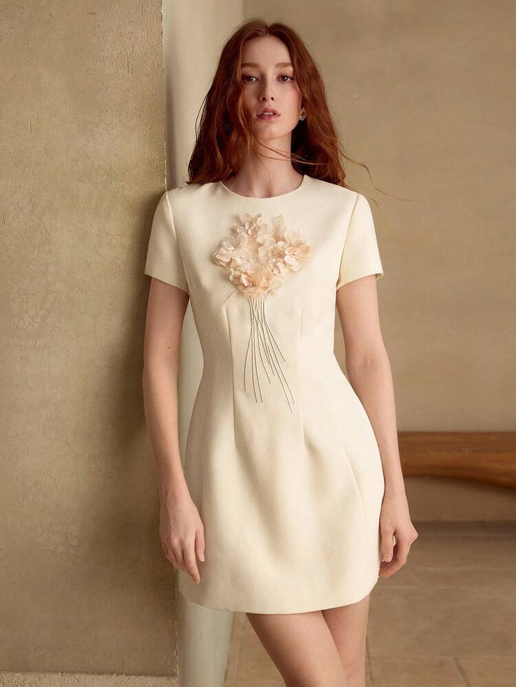SPRING/SUMMER FLORAL APPLIQUES WAIST CINCHED SHORT DRESS