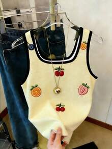 Resyla New Arrival Bestselling Women Embroidered Fruit Print Loose Casual Contrast Stripe Regular Fitted Tank Top
